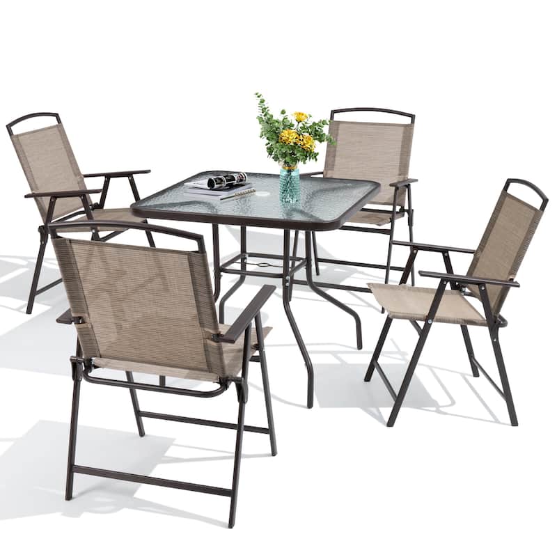 Outdoor 5-piece Patio Dining Set Folding Chairs and Glass Table with Umbrella Hole - See the specifications