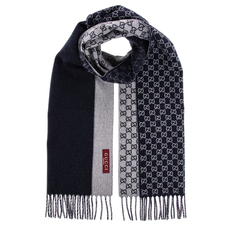 Gucci GG Wool Cashmere Scarf - Dark Blue and Grey