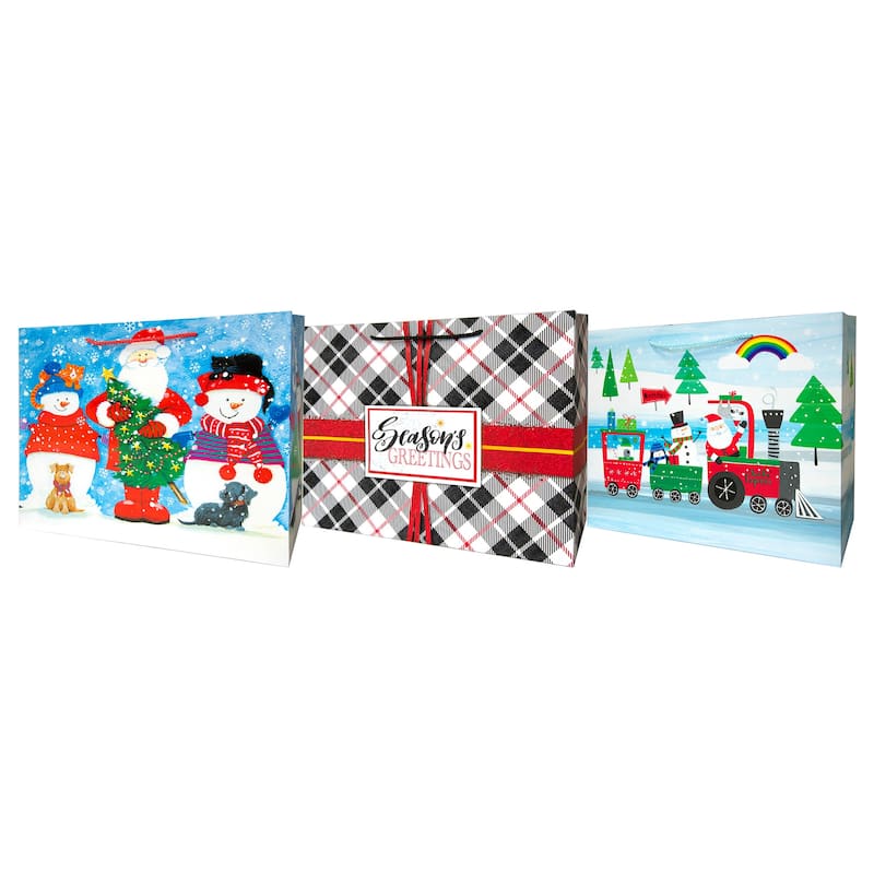 Pack of 3 Large Assorted Christmas Gift Bags with Rope Handle - 19.5"