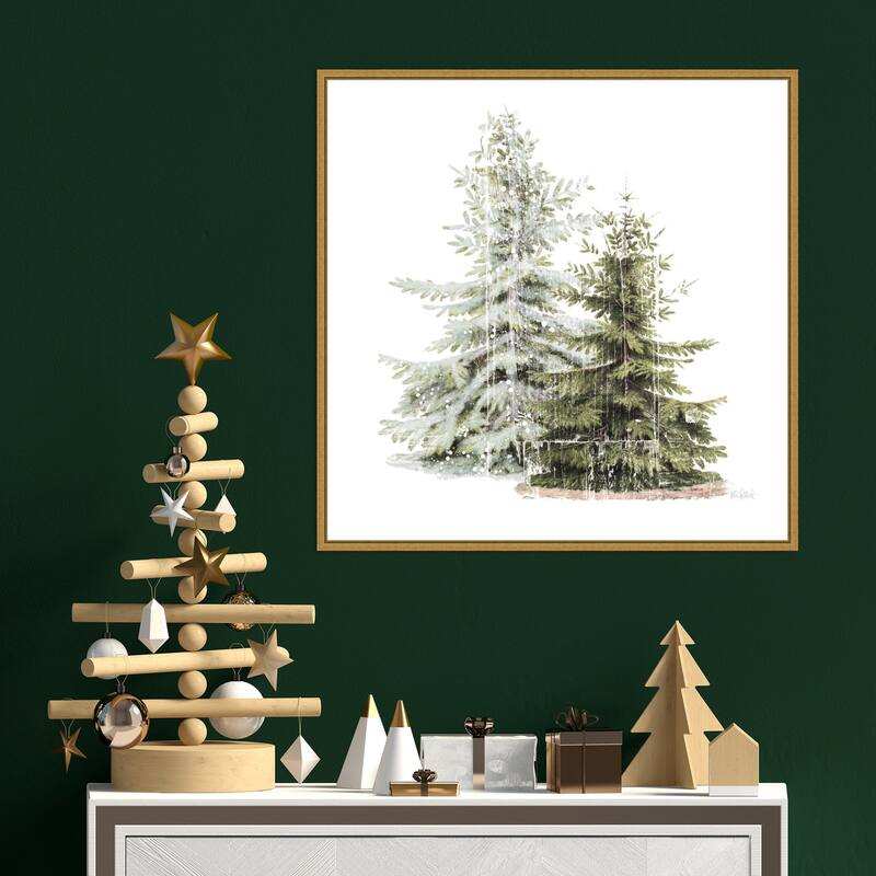 Vintage Wooded Holiday Trees in Snow by Katie Pertiet Framed Canvas Wall Art