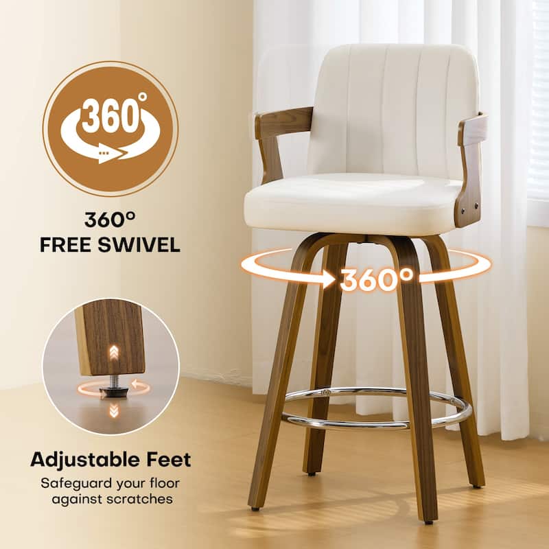 Upholstered Swivel Barstool with Arms and Bentwood Legs - 40.8"H x 18.9"W x 19.5"D/19.3"D
