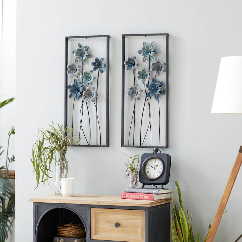 Teal Metal Floral Home Wall Decor with Black Frames and Gold Accents (Set of 2) - Teal
