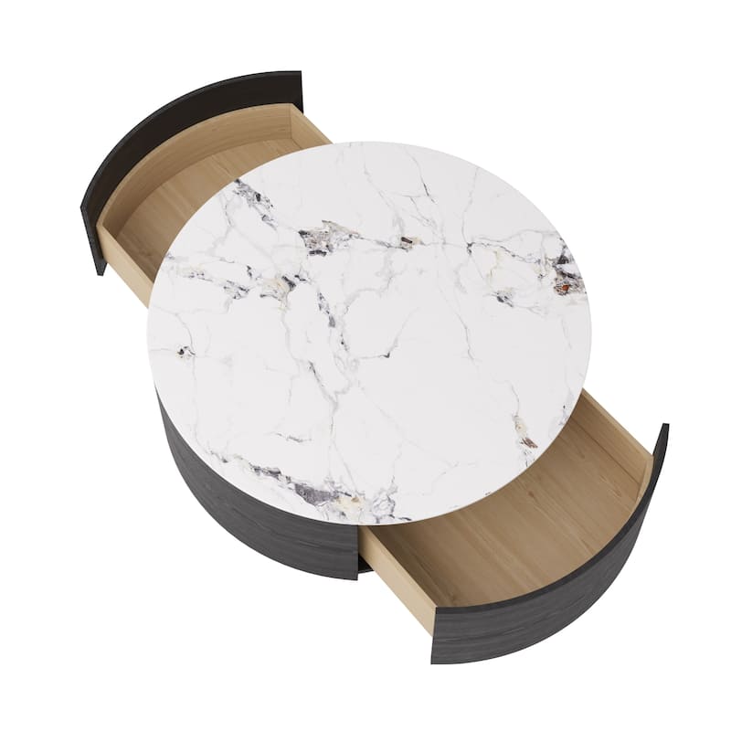 Modern Round Coffee Table with 2 Drawers, Sintered Stone Tabletop and Golden Base