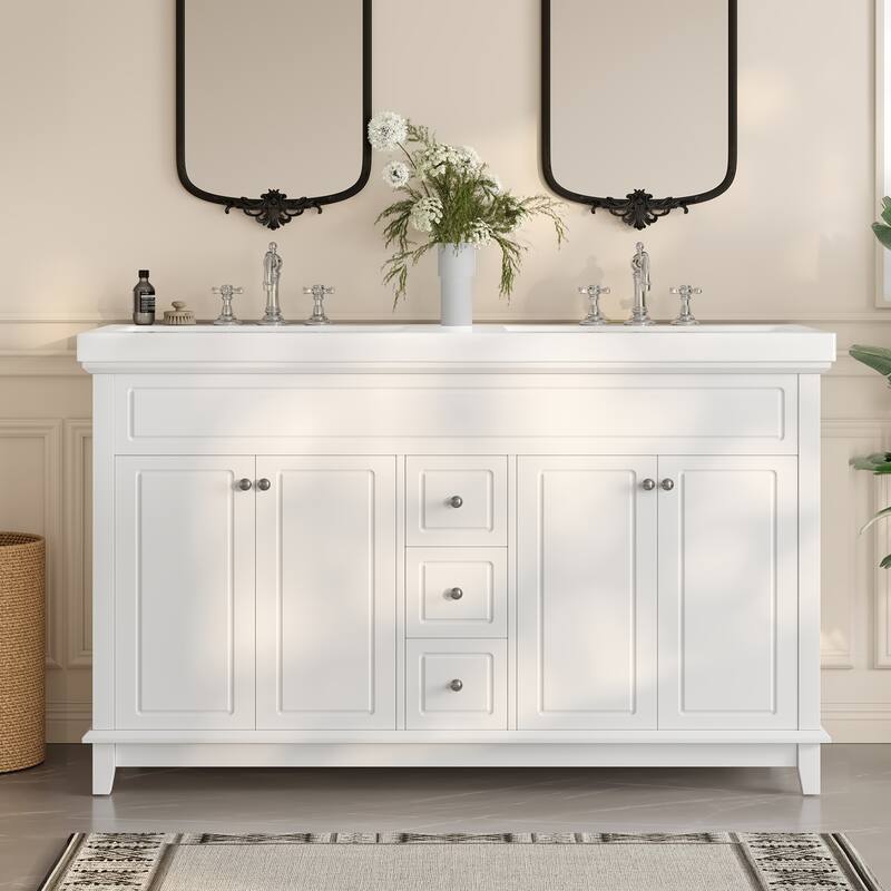 60" Bathroom Vanity-Classic-Wood Legs-Resin Double Sinks with Soft-Close Drawers & Doors.