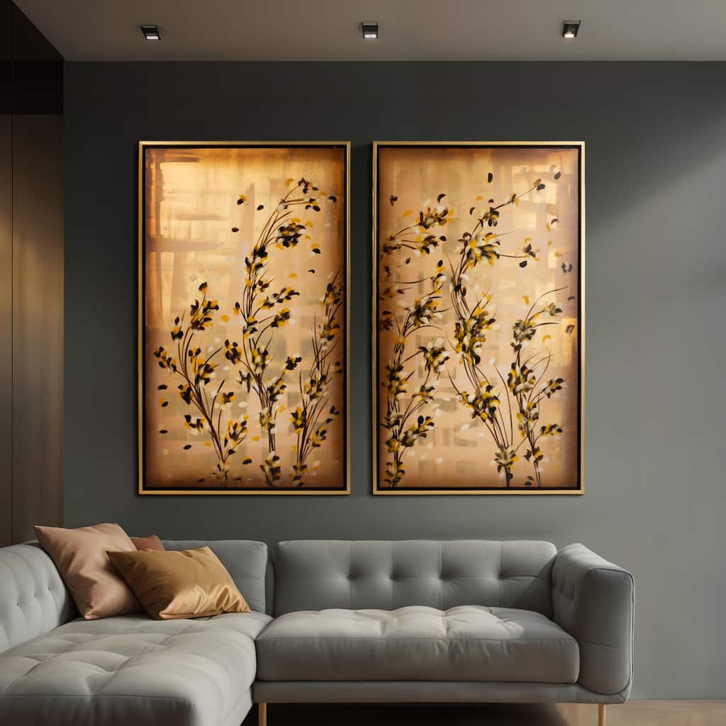 Wood Framed Art Leaf Floral Wall Decor (Set of 2) - 9" Gold Metallic
