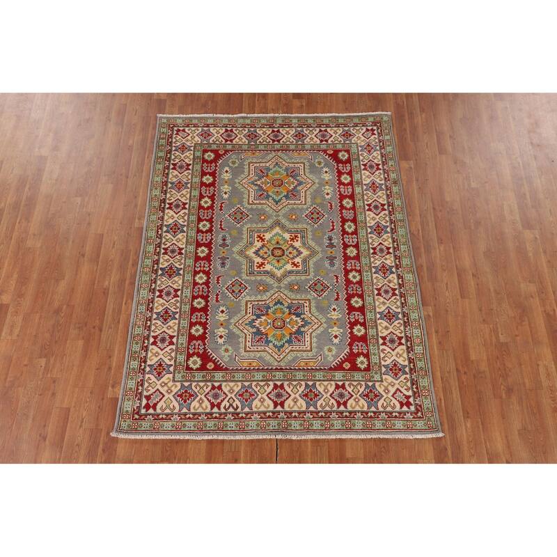 Gray Geometric Kazak Rug Hand-Knotted Oriental Wool Carpet - 5'1" x 6'9"
