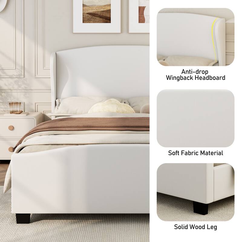 King Size Wingback Linen Upholstered Platform Bed Frame with Headboard, No Box Spring Needed, Bedroom Furniture