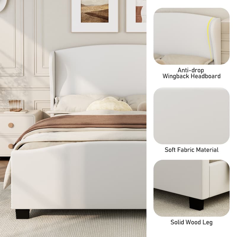 Queen Size 51" High Headboard Wingback Linen Upholstered Bed - Beige