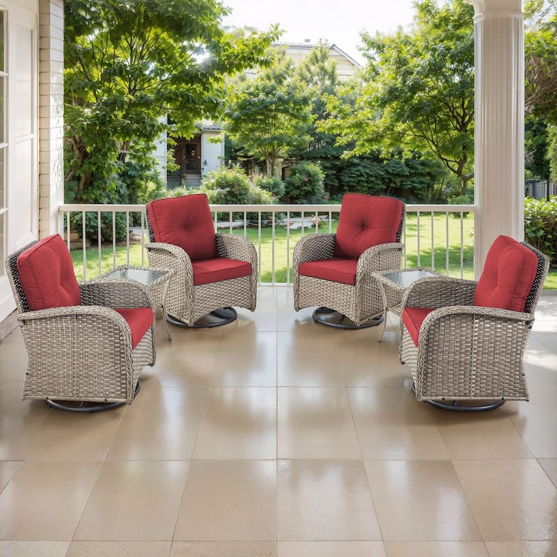 Gymojoy Outdoor Wicker Patio Furniture Chair Set Weather-Resistant - Grey Wicker / Red Cusion - 6-Piece - Swivel Chair