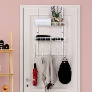 Over The Door Hooks Organizer – 12 Hooks & 2 Baskets, Towel Rack For Bathroom, Bedroom, Kitchen