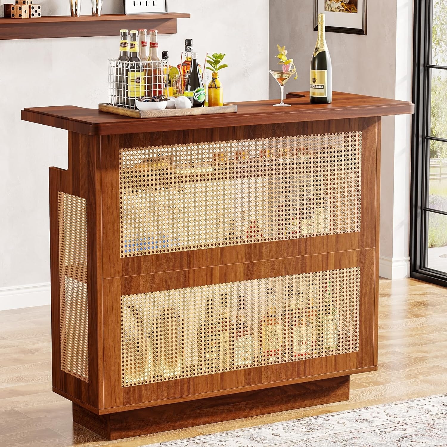 Rattan Home Bar Cabinet, Farmhouse 4-Tier Bar Pub Table with 4 Stemware Racks
