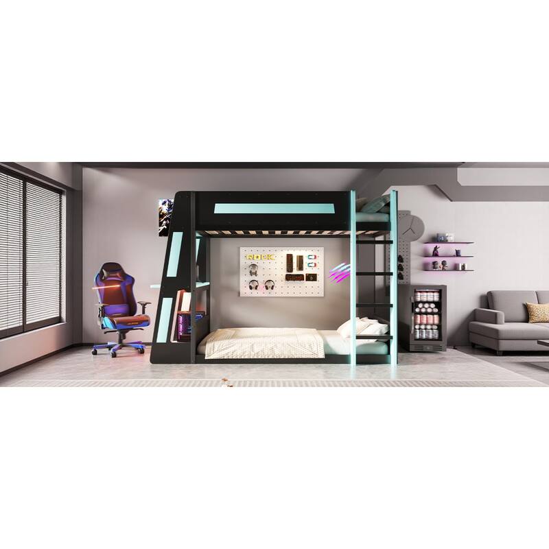 Roomfitters Twin/Full Over Twin Wooden Gaming Bunk Bed with Desk and LED Lights