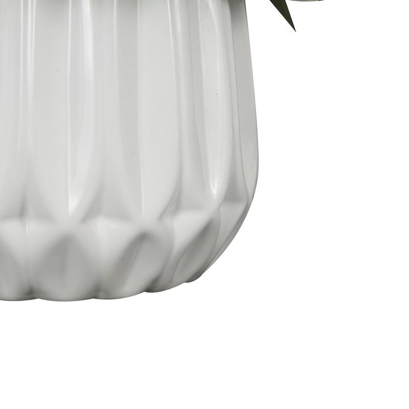 White Fabric Artificial Flower with Green Leaves and Round Ceramic Vase