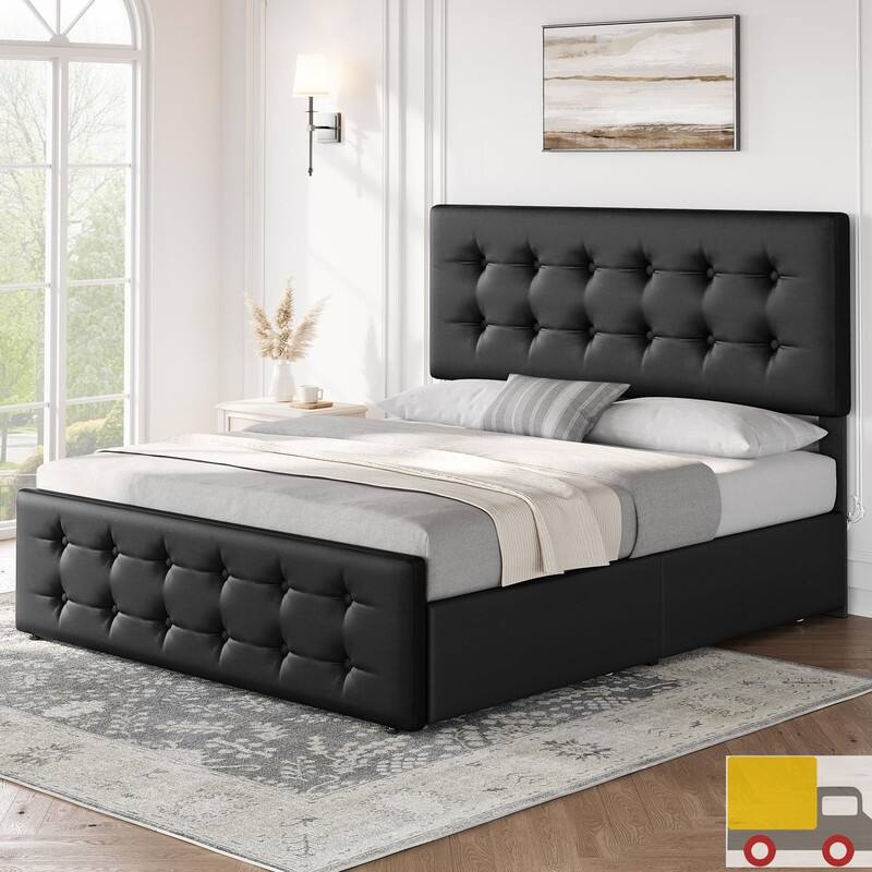 Upholstered Bed with 4 Drawers and Adjustable Button-Tufted Linen Headboard