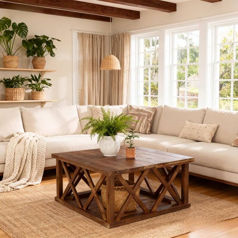 Solid Wood Coffee Table, 39.37-Inch Square, Farmhouse Style, Reinforced X-Frame, Brown, for Living Room, Apartment, Office