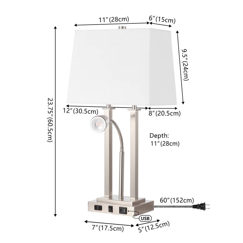 Callie 23.75" 2-Light Farmhouse Metal LED Table Lamp with USB Charging Port, Adjustable Reading Light, by JONATHAN Y