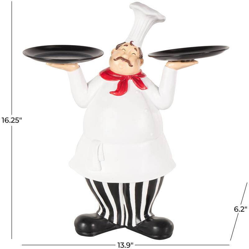 White Polystone Kitchen Decorative Figurine Chef Decorative Sculpture with Black Trays