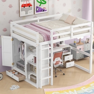 White Full Size Solid Wood Loft Bed with Built-in Wardrobe, Desk, Storage Shelves and Drawers