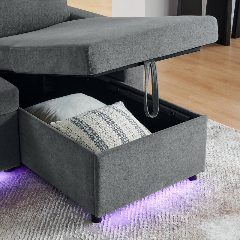 Pull Out Sleeper Sofa Bed Chenille L-shaped Sectional Couch with Storage Chaise, Retractable Table, LED, USB and Cup Holders