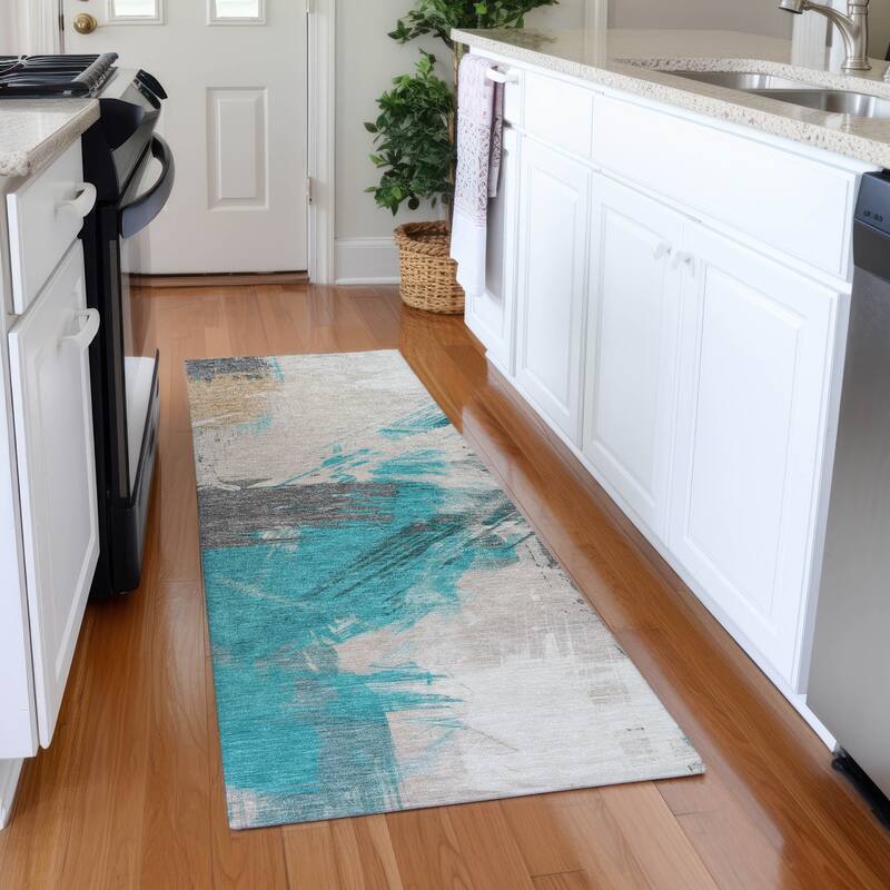 Premium Washable Super Soft Modern Brushstrokes Mayfield Rug - Teal - 2'3" x 7'6"