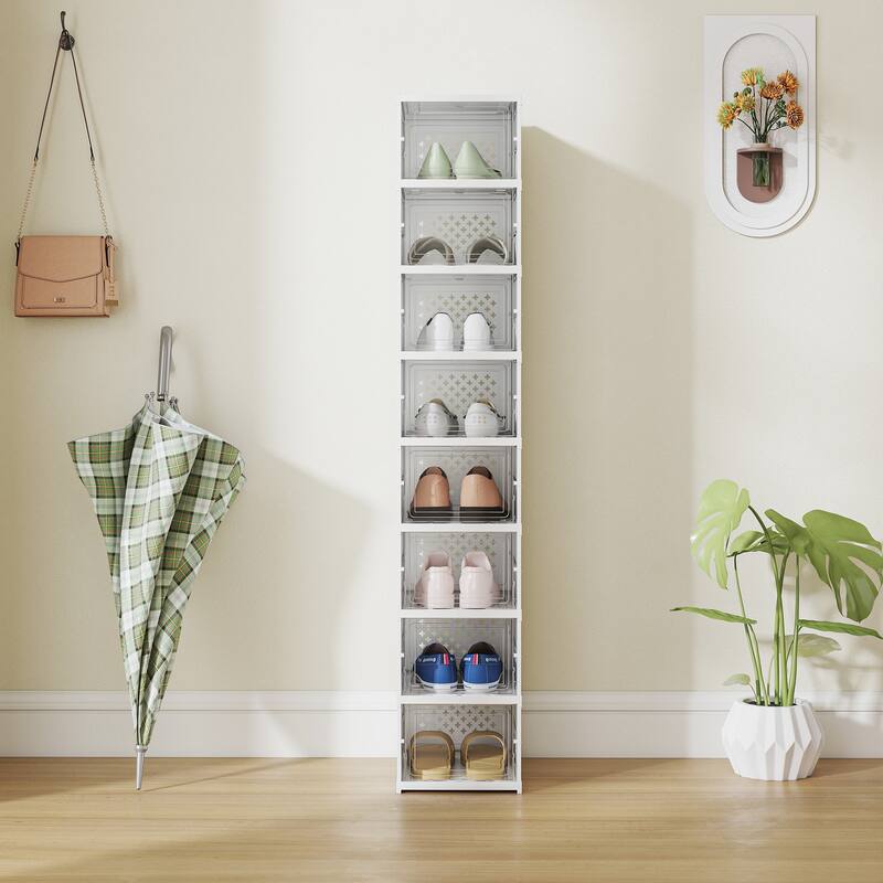 HOMCOM 8 Pack Foldable Shoe Organizer, Plastic No Assembly Stackable Shoe Storage Box with Clear Door, Space Saving