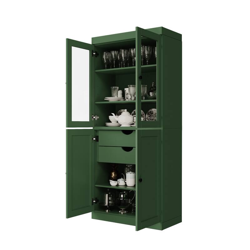 Palace Imports 100% Solid Wood 32" Pantry Cabinet with Clear Glass, Shaker Doors, 2-Drawers and Adjustable Shelves