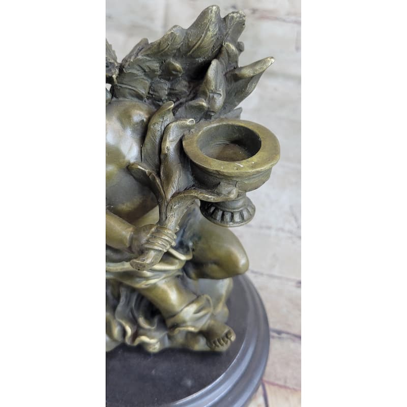 Signed Bronze Statue Sculpture Desk Angel Candleholder Figurine Art Deco Figure
