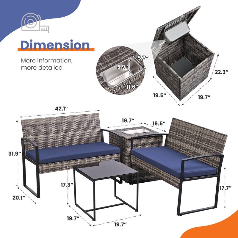 4 Piece Outdoor Sectional Sofa with Built-In Ice Bucket Storage, Rattan Patio Sectional Set with Washable Cushions