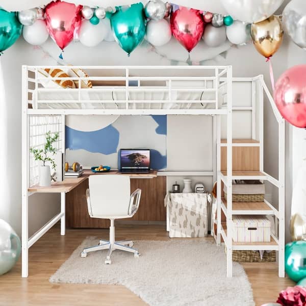 slide 2 of 13, Modern Full Size Loft Bed With Desk and Metal Grid,Lateral Storage Ladder and Wardrobe for Bedroom White