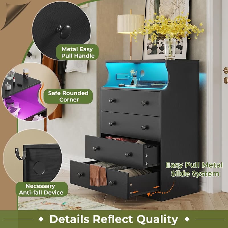 Dresser Charging Station 4 Drawers LED Dresser for Bedroom