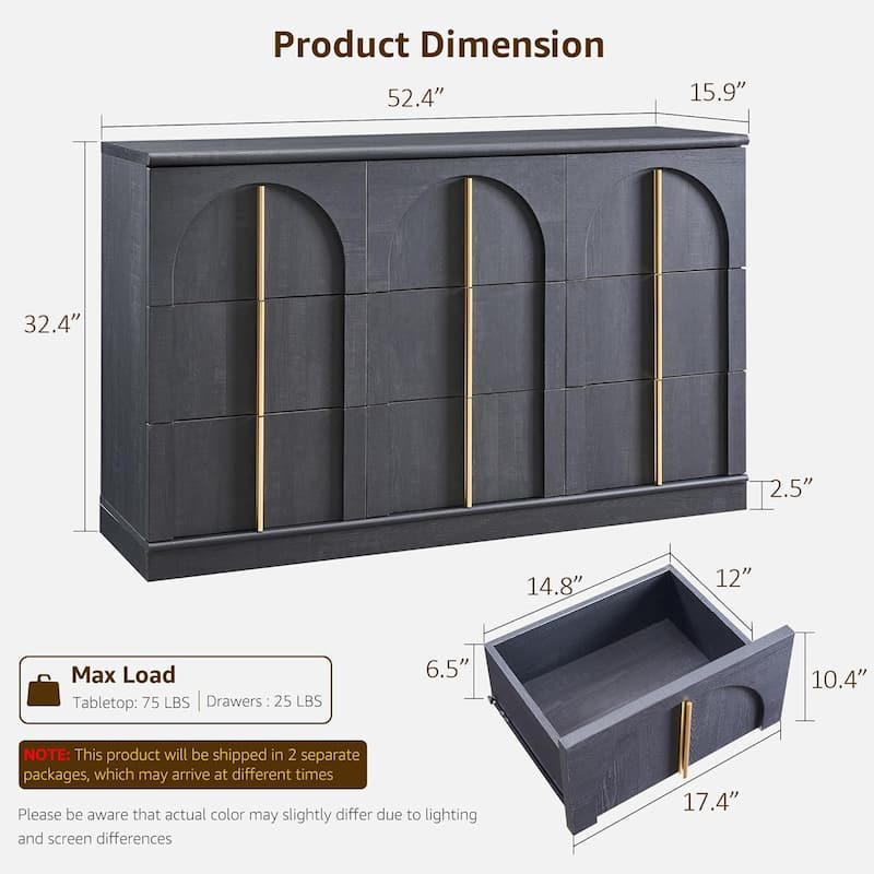 Modern Arched 9 Drawers Dresser, Wood Chest of Drawers for Living Room