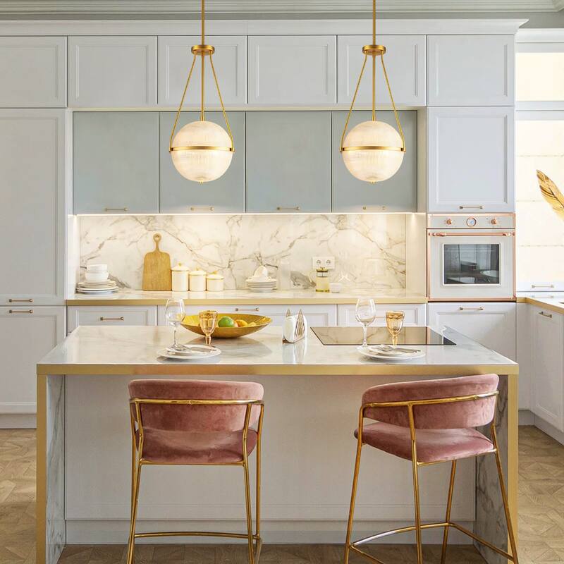 3-Light 13.78" Black/Gold Mid-Century Modern Grid Glass Globe Bubble Pendant Light Kitchen Island Lighting