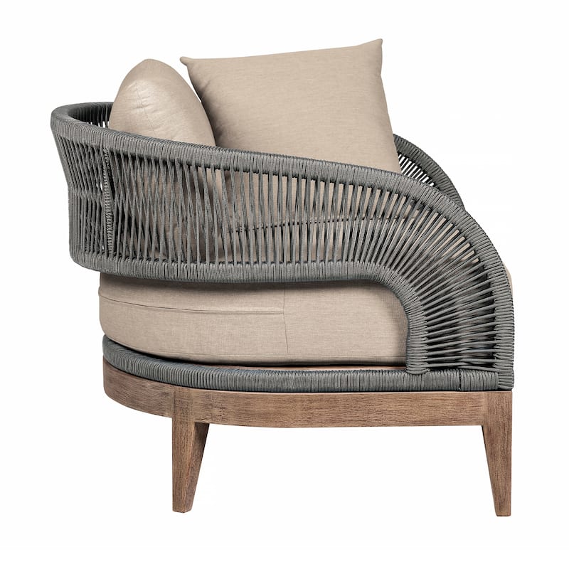 Orbit Outdoor Patio Chair in Weathered Eucalyptus Wood with Gray Rope and Taupe Olefin Cushions