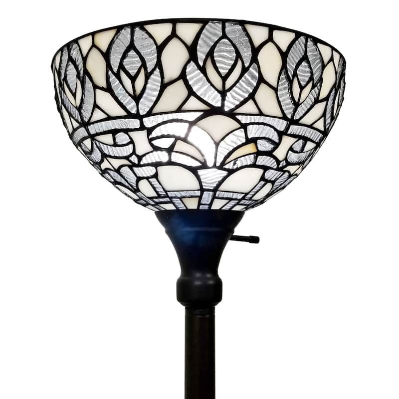 Brown Metal Torchiere Floor Lamp with White Stained Glass Dome Shade - 12” x 12” x 62” (D x W x H)
