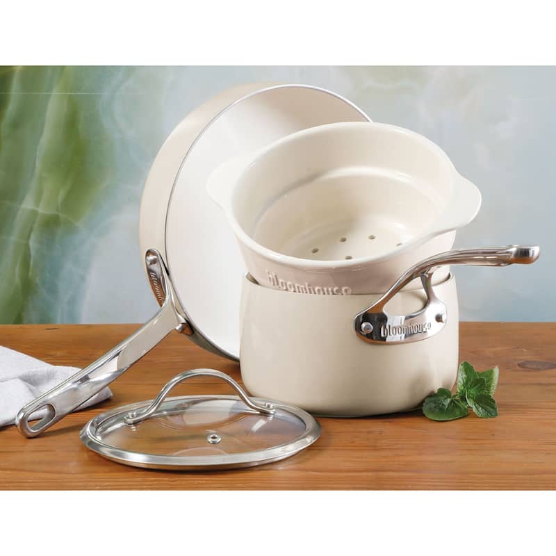 Bloomhouse 4-Piece Aluminum Cookware Set w/ Non-Stick Non-Toxic Ceramic Interior and Ceramic Steamer Insert