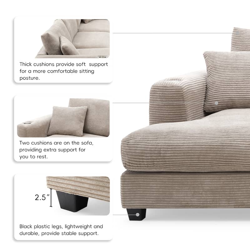 Large L-Shaped Cloud Couch in khaki Corduroy - Deep Seat Sofa Bed with USB, Cup Holder