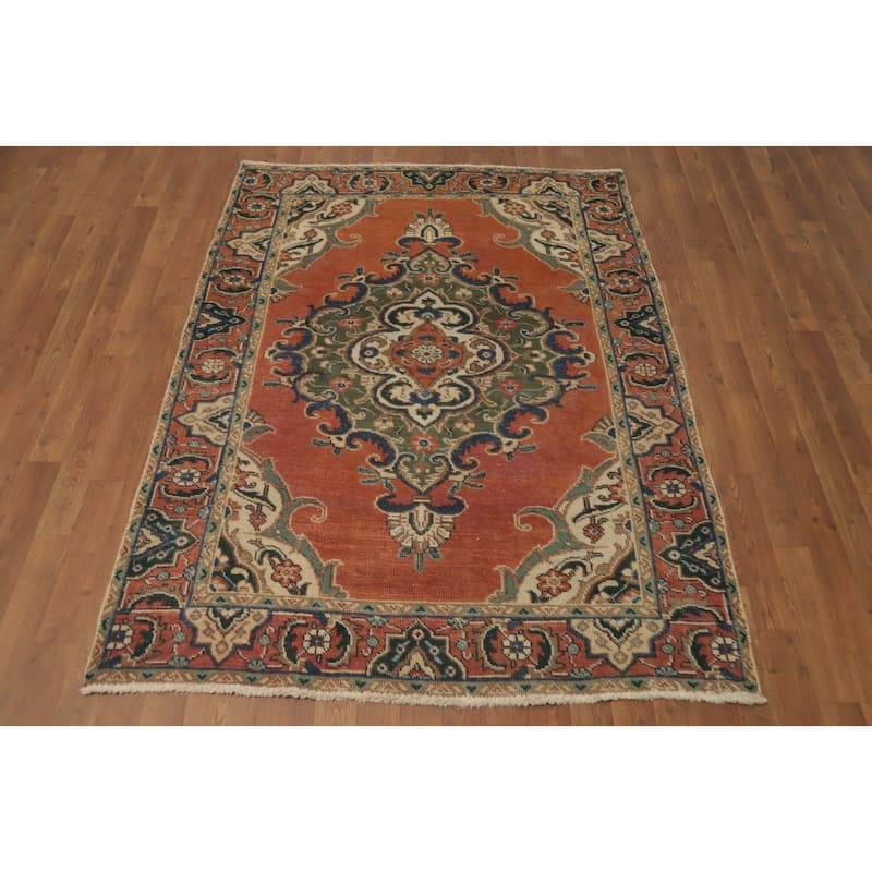 Hand Knotted Oriental 100% Wool Carpet Traditional Medallion Oranges & Rust Tabriz Area Rug - 5' 10'' X 4' 5''