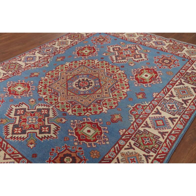 Blue Geometric Kazak Oriental Area Rug Handmade Wool Carpet - 4'10" x 6'7"