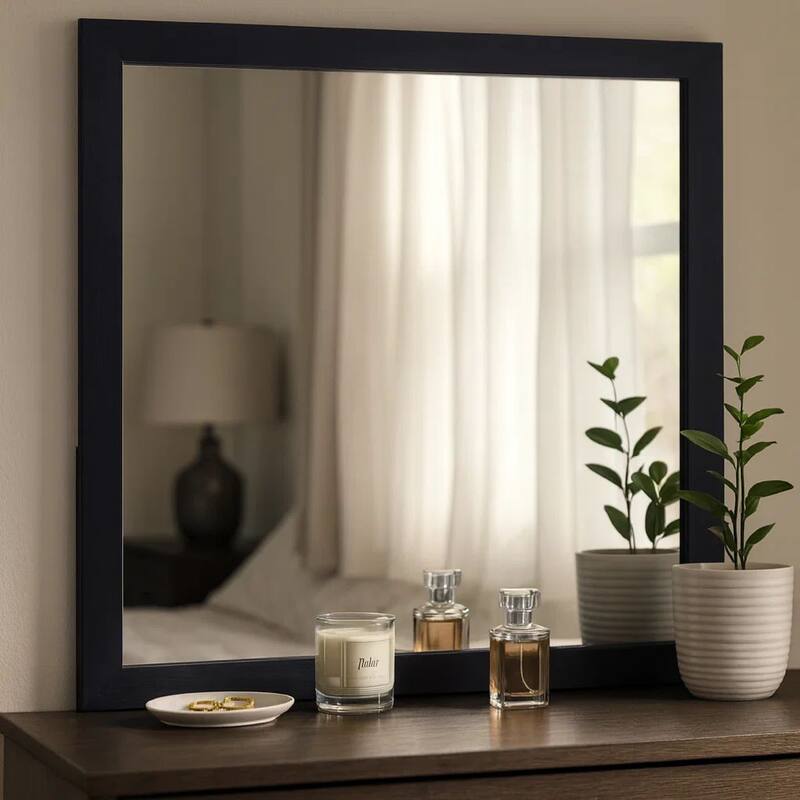 Dex Rectangular Dresser Mirror, Non-Beveled Glass, Black Wood-Melamine