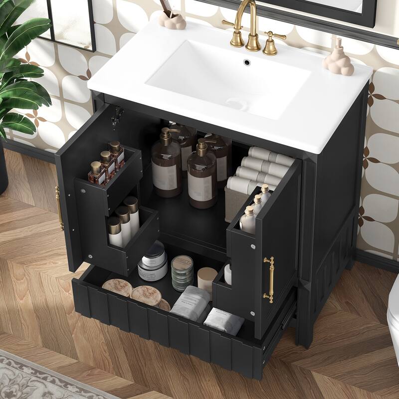 30" Bathroom vanity with sink, multi-functional bathroom cabinet with doors and storage shelves, featuring drawers - Black