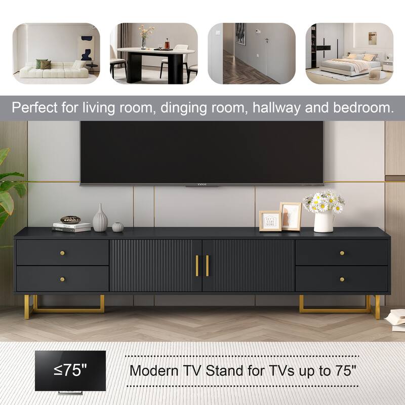 Roomfitters Modern TV Stand for 65 Inch TV and Above, Entertainment Console Cabinet with Storage Compartments, Black
