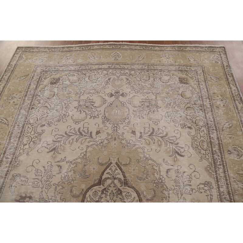 Beige Distressed Tabriz Persian Vintage Rug Handmade Wool Carpet - 6'6" x 9'3"
