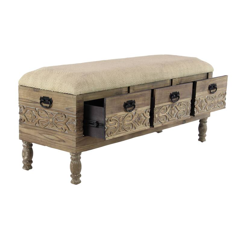 Wood Floral Intricately Carved Storage Bench with Cream Burlap Top - Brown - Roche River Decor - 16"W x 47"L x 20"H