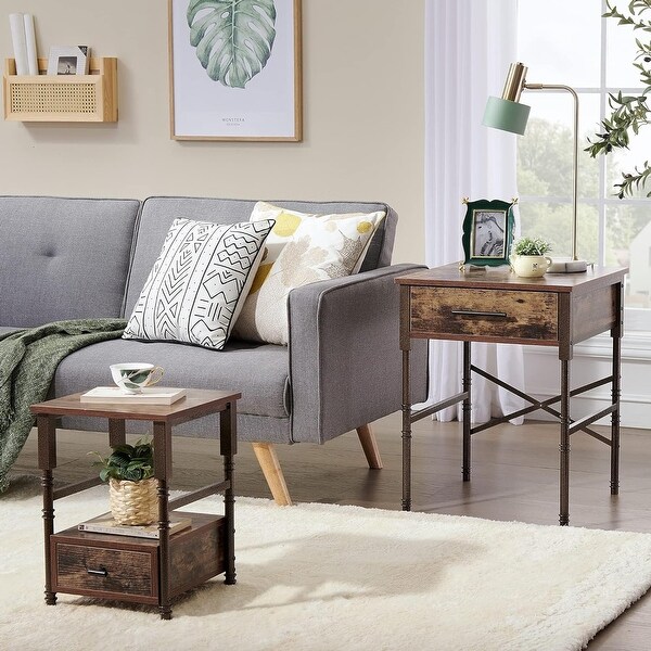 Industrial Metal Nesting End Table 2-Piece Set, Dual Storage
