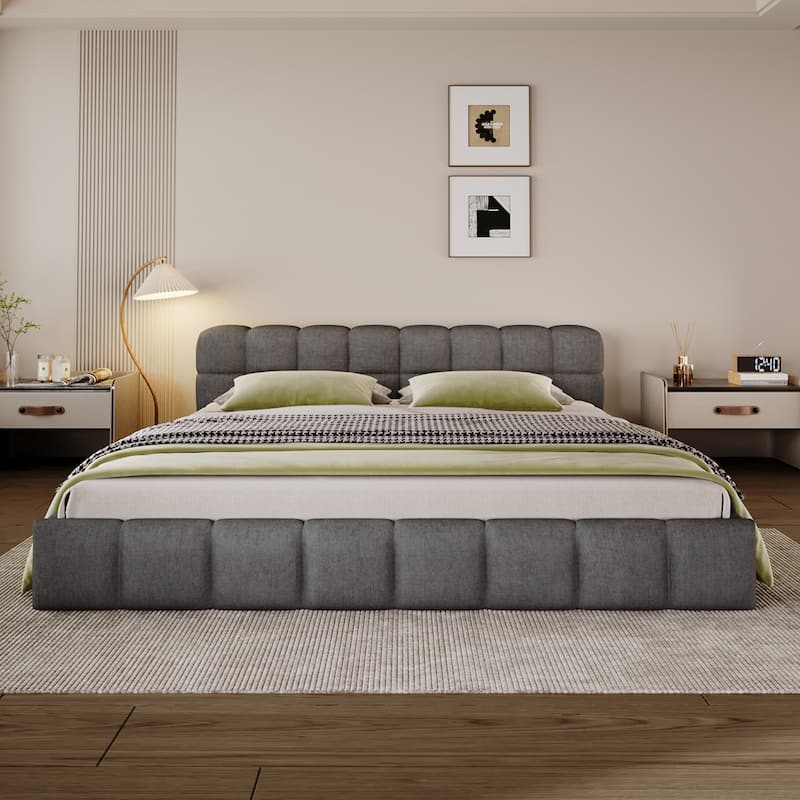 Grounded Bed Frame, Chenille Upholstered Platform Bed with Checkerboard Design, Stylish Bedroom Low Bed for Adults - Gray-King