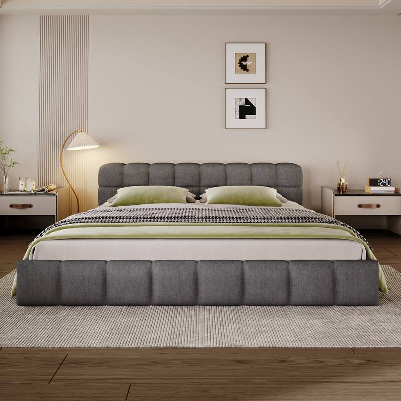 Queen / King Soft Chenille Upholstered Bed in Soft Grey with Stylish Checkerboard Pattern