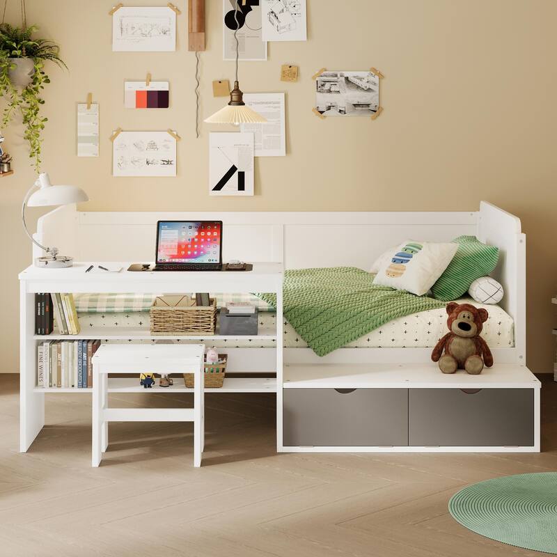 White Twin Size Multi-functional Daybed with Storage, Study Desk, and Stool - White