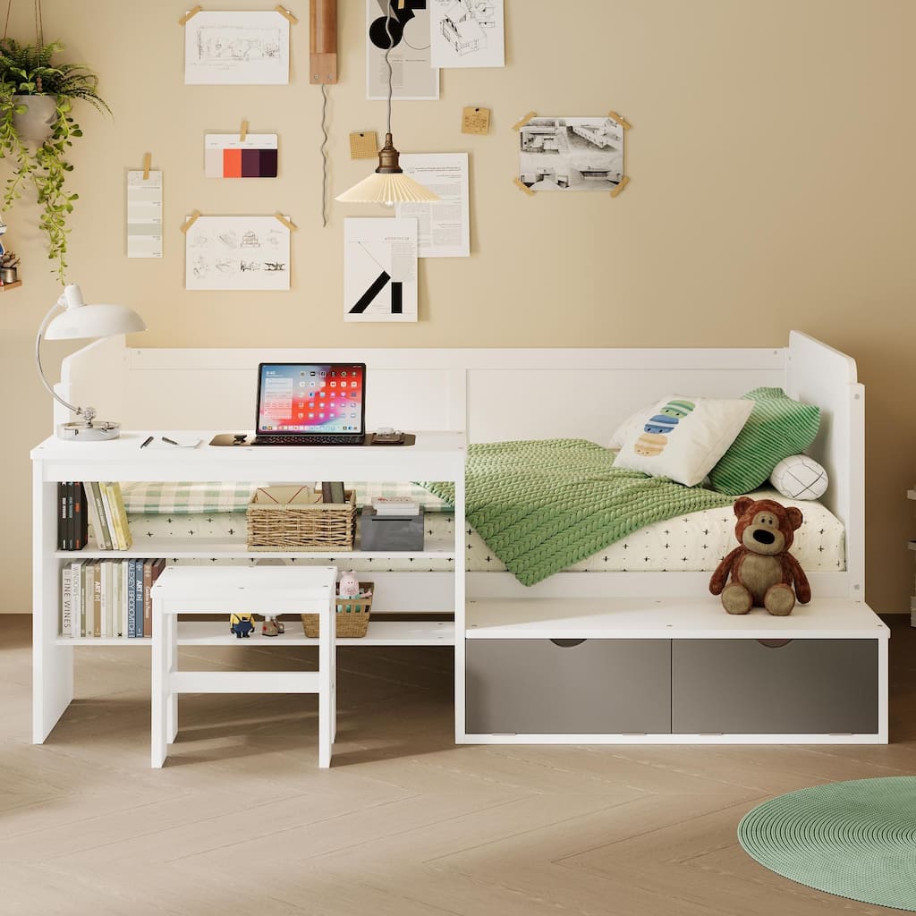 Wooden Twin Size Daybed with Storage Shelves and Lockers, Multi-functional Bed with Study Desk and Matching Stool