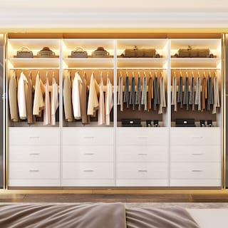 Kyrvo Freestanding Closet System with 3 Wooden Drawers and Hanging Rod and Storage Shelf, Walk-in Closet Organizer Wardrobe