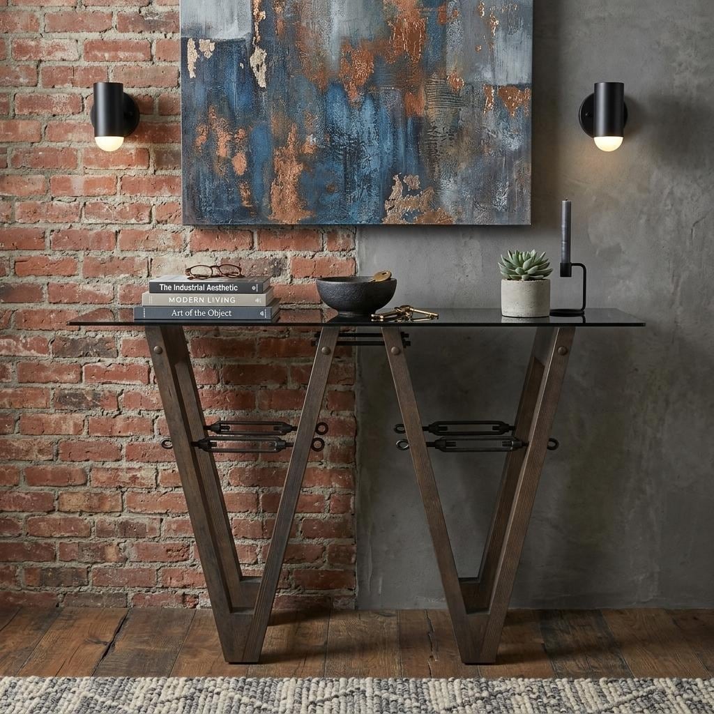 HomeRoots 46" Clear Gray and Brown Glass and Solid Wood Abstract Console Table - 46.00 in. x 29.50 in. x 18.00 in.